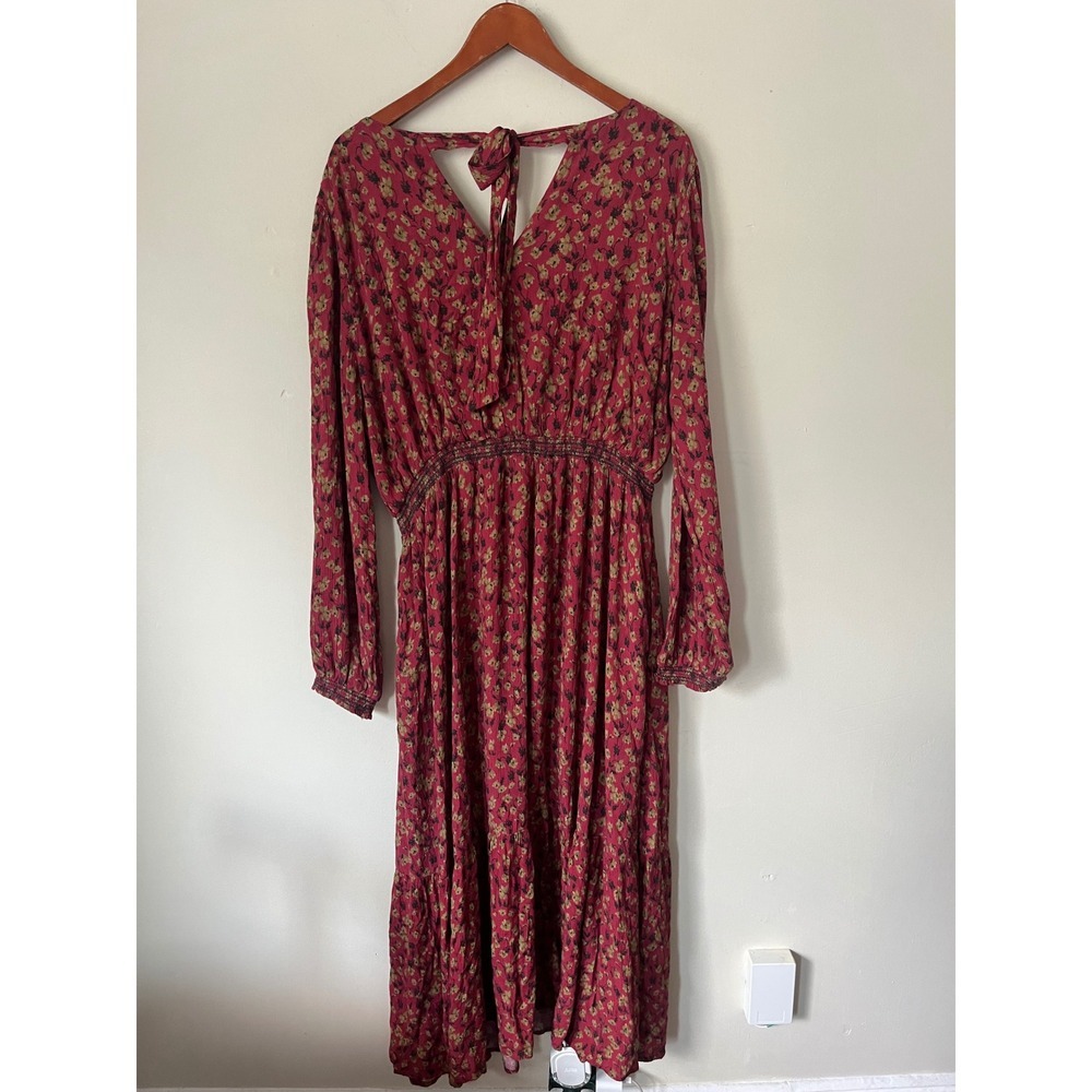 Garnet Hill Womens Burgundy Floral Smocked Waist Boho Midi Dress Size 16 NWT - Picture 10 of 12